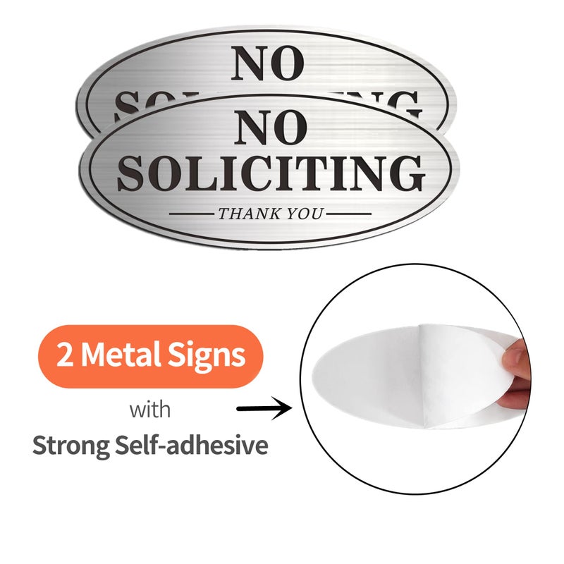 MongFun House Door No Soliciting Sign Metal, 2 Pack Silver Color 7.0 x 3.0 inches, Self-Adhesive Modern Design Aluminum Signs for Office Home Business Company, Waterproof and Weather Resistant - Image 2